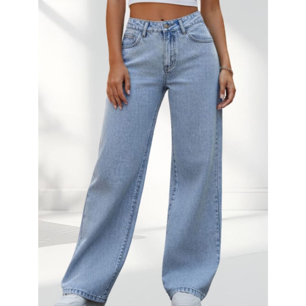 Calça Jeans Feminina Premium Wide Leg / Com Rasgos Destroyed/ Perna Larga /Cintura Alta /Jeans Pantalona/ Despojado