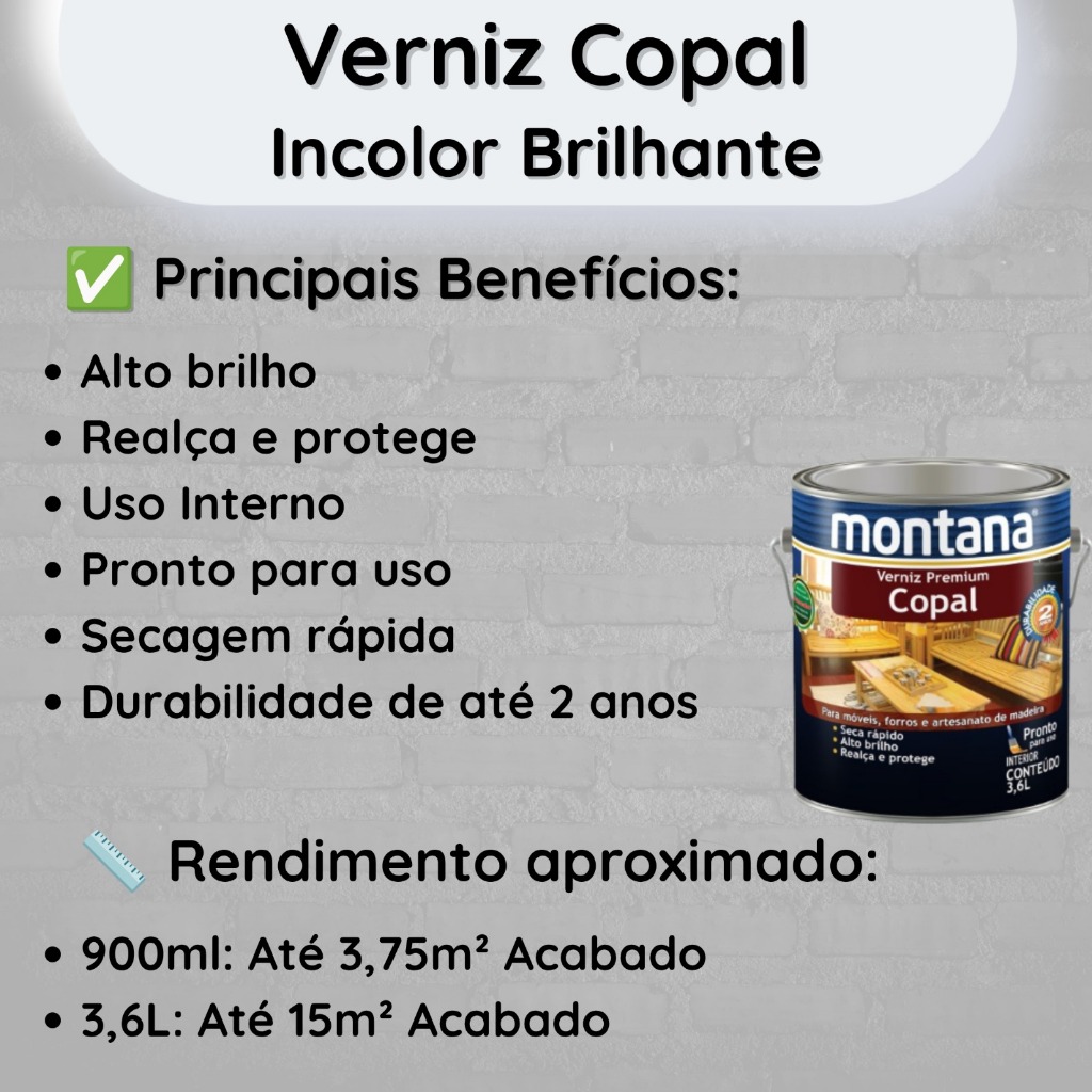 Verniz Premium Copal Incolor Brilhante 900ml e 3,6L Montana Proteção para Madeiras — imagem 2 de 2