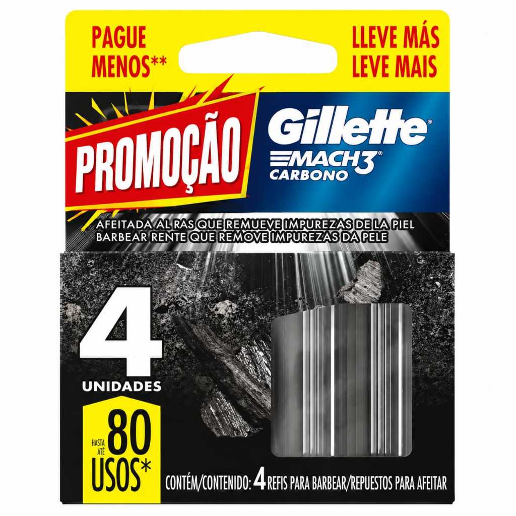 Recarga Gillette Mach3 Carbono com 4 Unidades Com Carvão Ativado