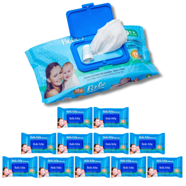 Kit 6 Toalhas Umedecidas Bebê Feliz 120 folhas Lenço Umedecido Lencinho