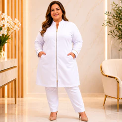 Jaleco Feminino Plus Size Gabardine Acinturado Gola Padre Zíper Punho G1 ao G5 Branco