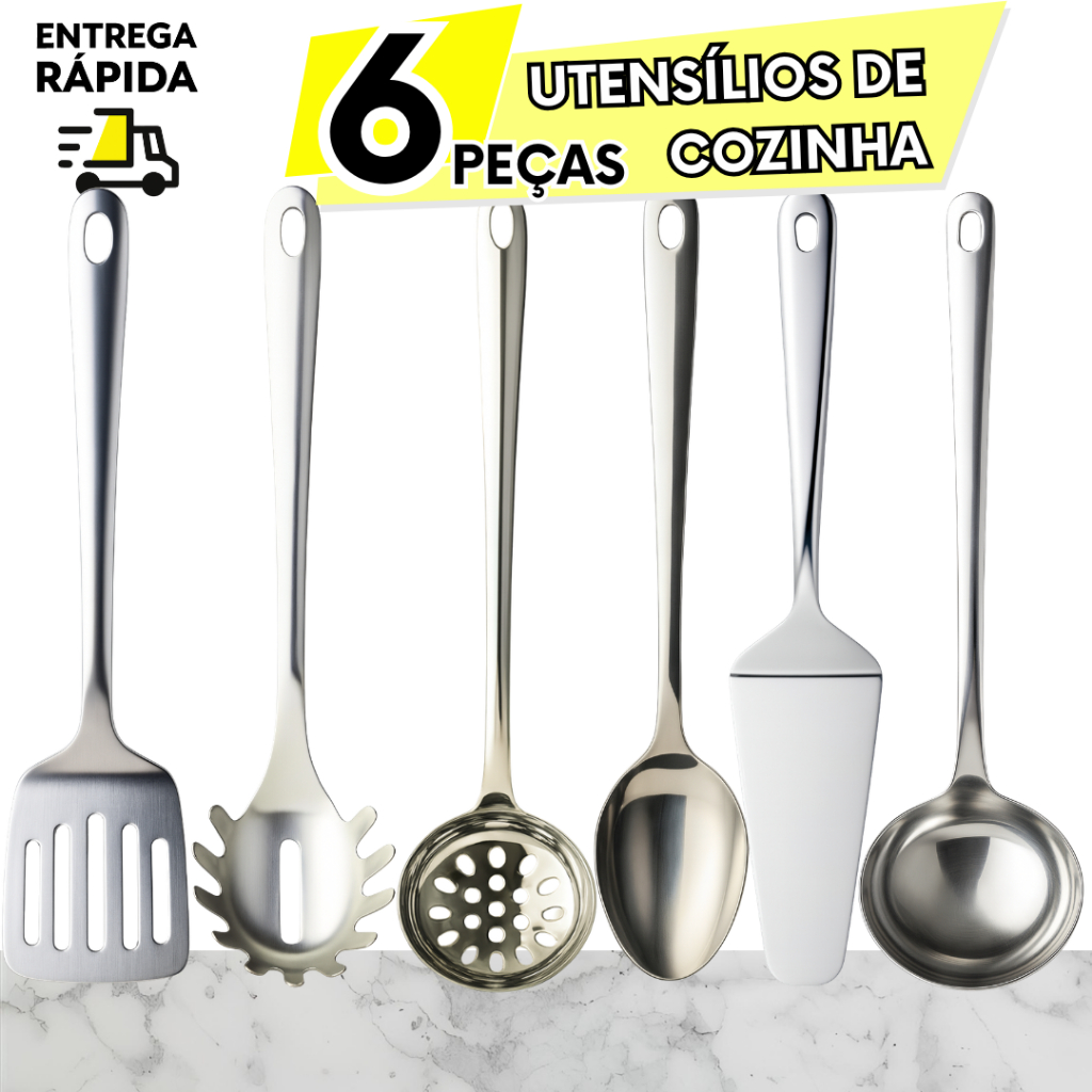 6,5,4,3,2,1 Utensílio Inox de Cozinha Espátula Colher Arroz Escumadeira Concha Feijão Pegador Massa
