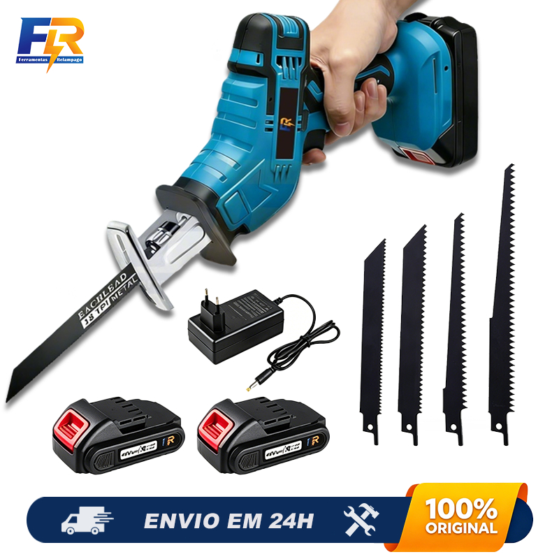 Serra Sabre Sem Fio 21V Recarregável 2 Baterias + 4 Lâminas para Corte Madeira Metal