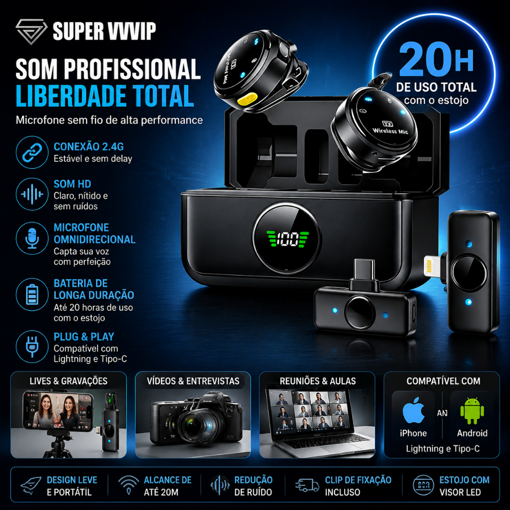 Microfone de Lapela Sem Fio Magnético Duplo Captação Clara e Alcance de 25m,Para Celular, Live, Entrevista e Gravação