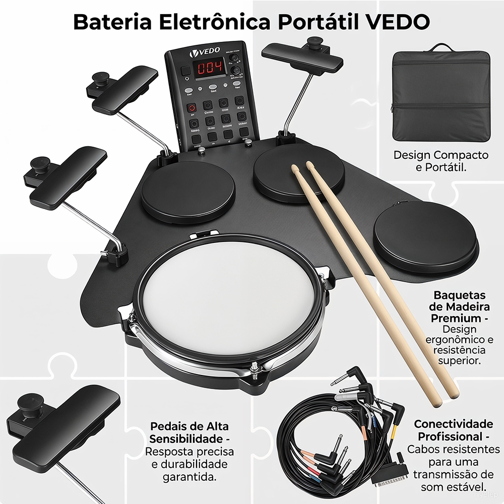 Bateria eletrônica portátil para iniciantes com pads de caixa silenciosos em malha, mais de 220 sons, USB, MIDI e 2 peda