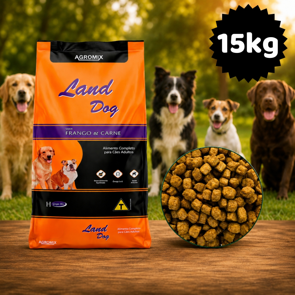 Ração para Cães Adultos Land Dog 18% 15kg Sabor Carne e Frango (ATE 2UN POR PEDIDO)