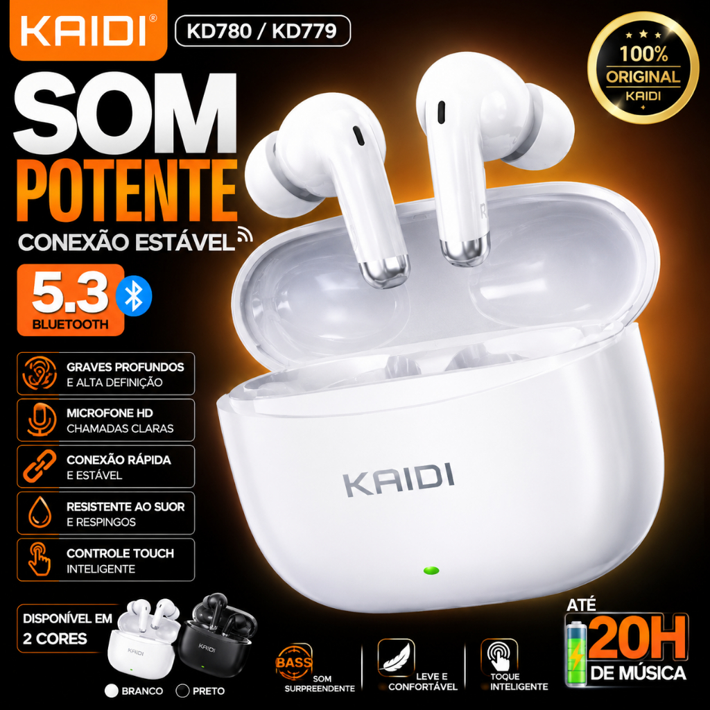 Fone Bluetooth Sem Fio Kaidi KD780 KD779 Original TWS Som Potente Bluetooth 5.3 Touch HD