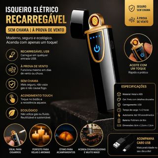 Isqueiro Elétrico Recarregável USB Sem Chama  Prático, moderno e econômico! Acendimento por toque, sem gás e sem chama.