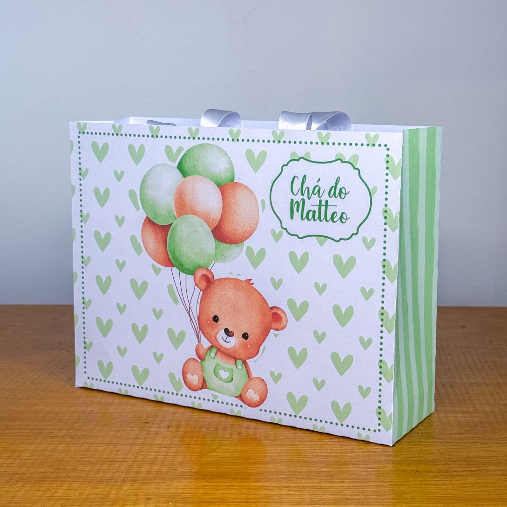 Sacolinha personalizada Ursinho verde, chá de bebê, chá revelação - PEGUE E MONTE