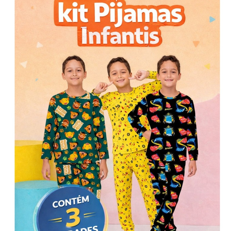 kit 3 Conjunto Pijama Infantil Masculino Inverno Manga Longa Estampados Confortáveis