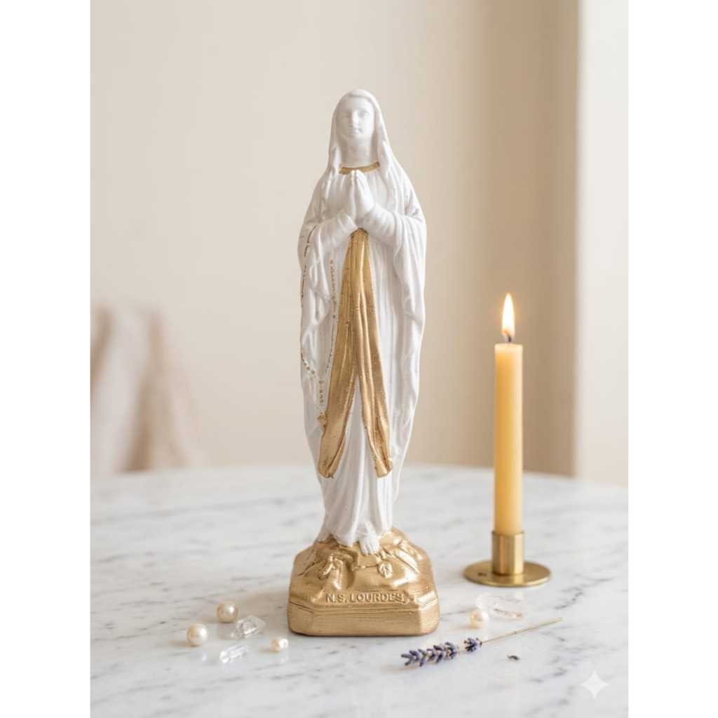 imagem nossa senhora de lourdes 22 cm gesso pintura perola e dourado presente de fé arte sacra decoração religiosa