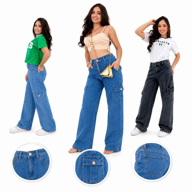 Calça Jeans Cargo Wide Leg Feminina Azul Escuro - Confortável, Estilo Moderno, Tecido Resistente