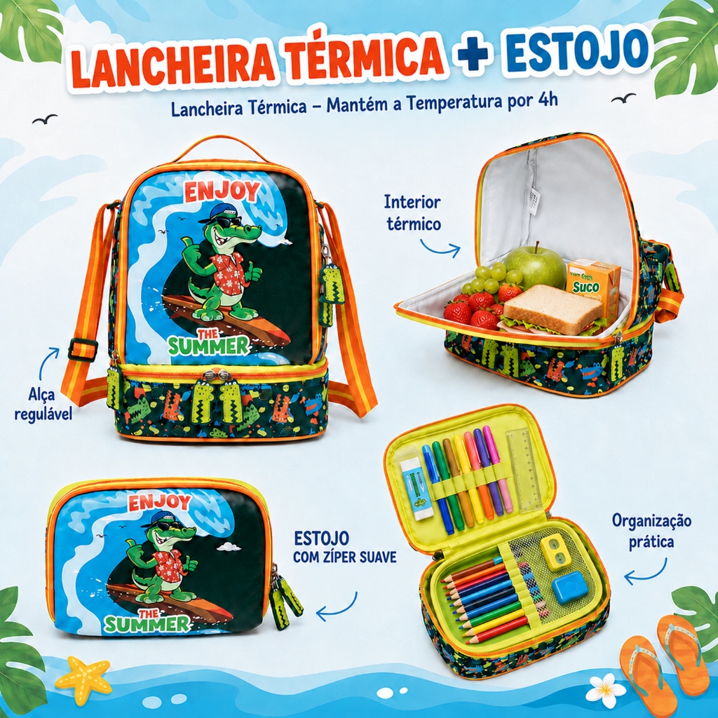 Detalhes do Kit Mochila de Rodinhas Infantil Dinosaur Menino Lancheira Térmica Estojo Perfect For You