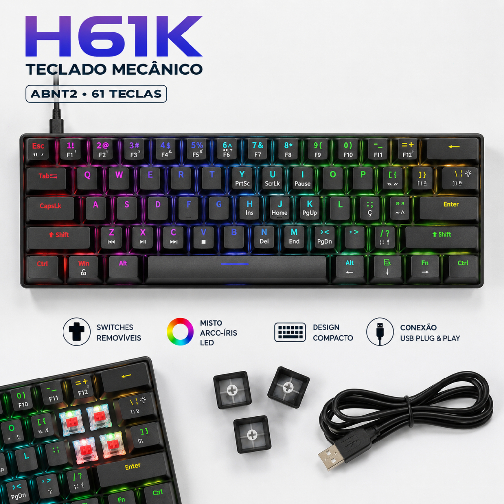 Teclado mecânico 60% ABNT2 Gamer Switche Red/Blue Hot-Swap com Fio Double-Shot Ergonômico notebook pc Rainbow LED