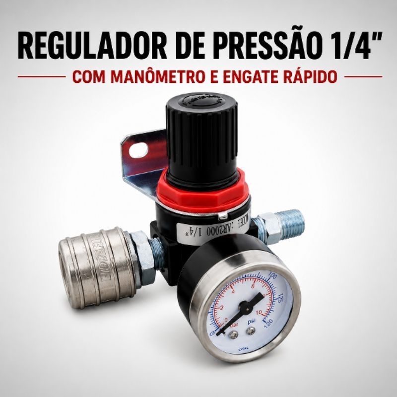 Regulador Pressão Compressor Ar Comprimido | Sistemas Pneumáticos Kit Regulador pressão 1/4" Engate Rápido e Manômetro