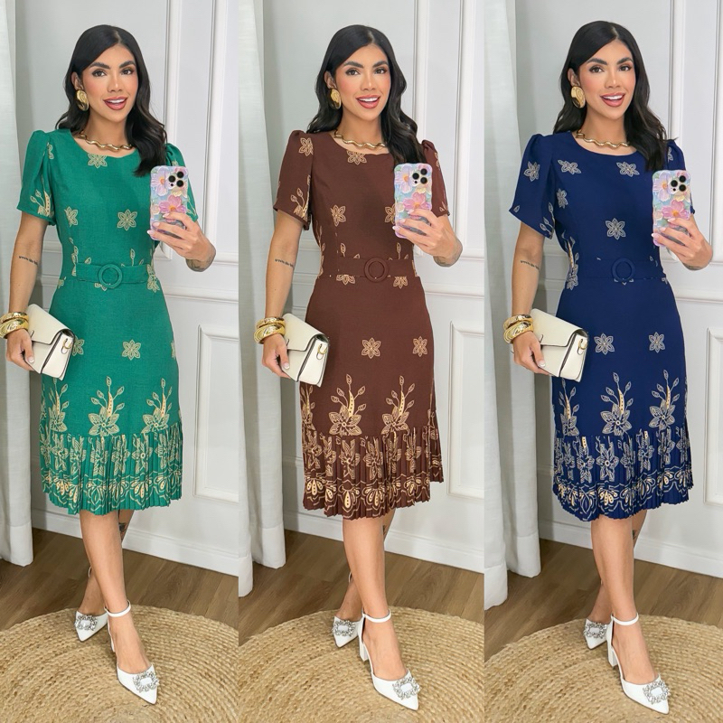 Vestido Feminino Evangélico Elegante Saia Plissada com Cinto G GG Dia a Dia