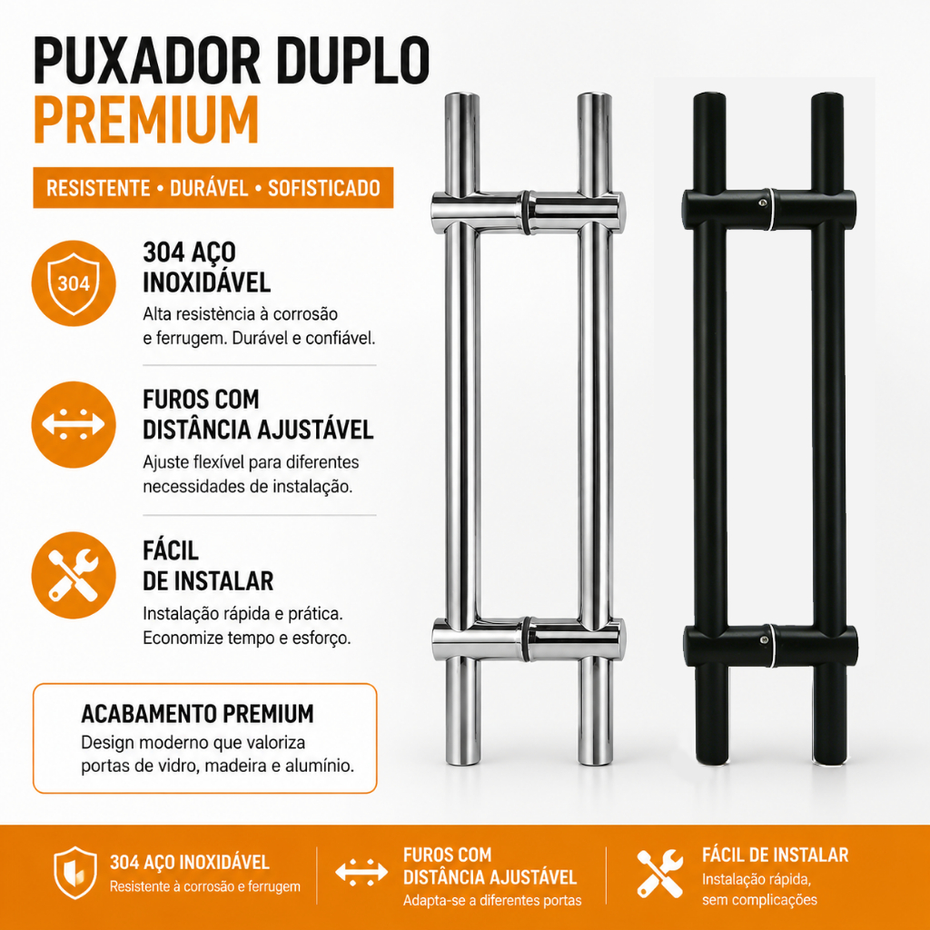 Puxador Duplo Inox com Distância entre Furos Ajustável Para Portas De Madeira Vidro e Metal 30/40/50/60/80/100cm