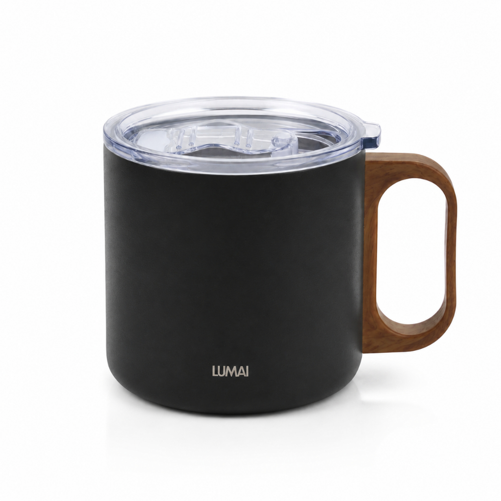 LUMAI Caneca Térmica Caraíva 350ml Inox Parede Dupla com Tampa Antivazamento e Alça Estilo Madeira