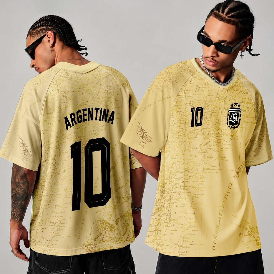 Camiseta Oversized Estilo Jersey Sublimada Time Futebol Argentina Dourada Dry-fit Jogador Camisa 10