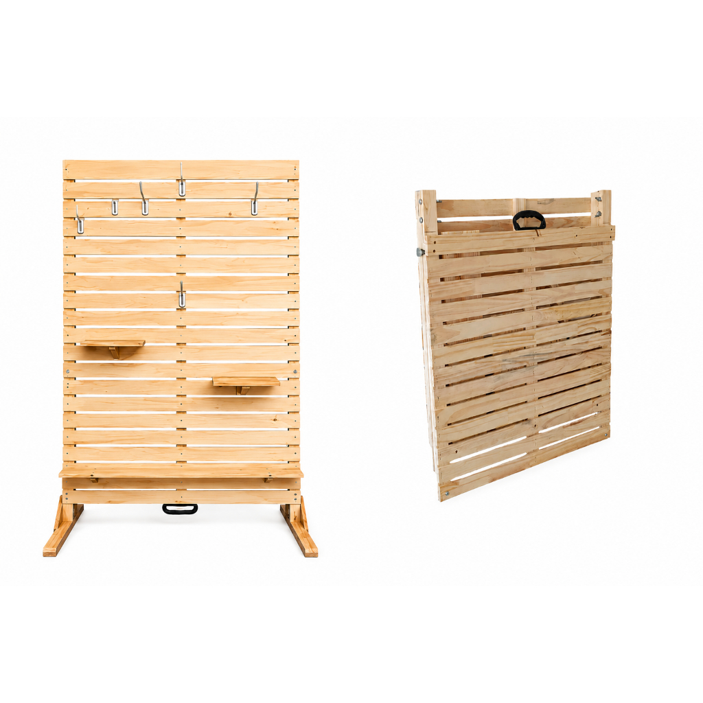 Painel Expositor Modular que vira maleta em Madeira Pinus com Prateleiras e Ganchos