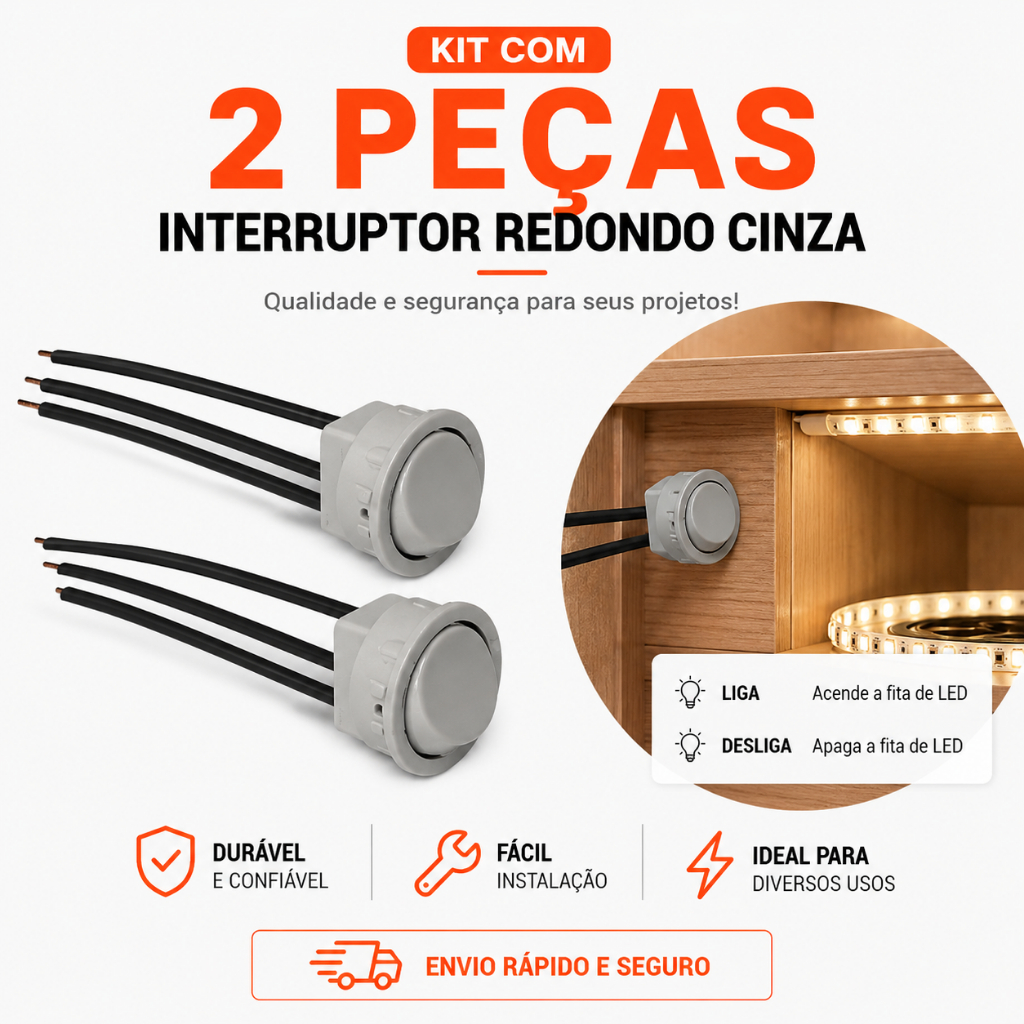 KIT 2 INTERRUPTOR TECLA REDONDA LIGA - DESLIGA CINZA 6A 16123 PARALELO COM CABO