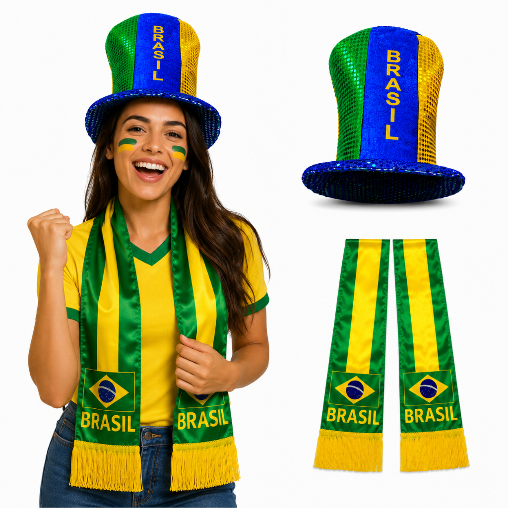 Kit Torcedor Chapéu Cartola Do Brasil Copa Do Mundo + Cachecol Lenço Temático