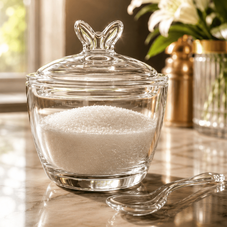 Açucareiro de Vidro 130ml com Tampa e Colher Luxo Mesa Posta Elegante Lyor