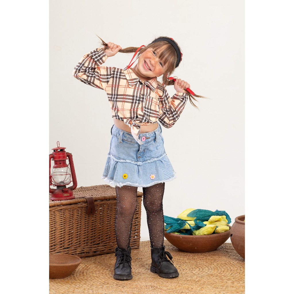 Detalhes do Camisa Xadrez Infantil Menina Festa Junina | Cropped Manga Longa Com Amarração