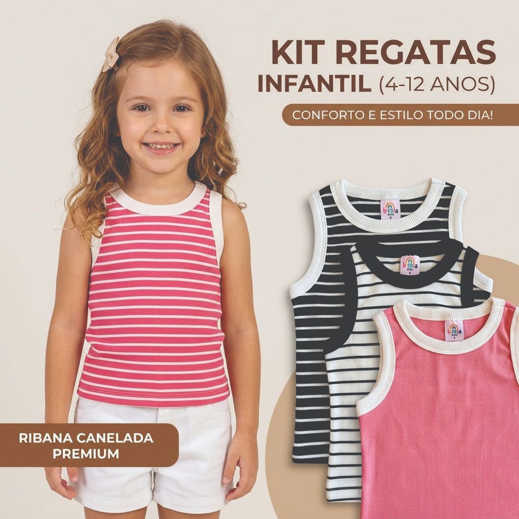 Kit 2 Camisetas Regata Infantil Listradas/Lisas Malha Ribana Canelada Premium Tam 4-12 Conforto e Estilo