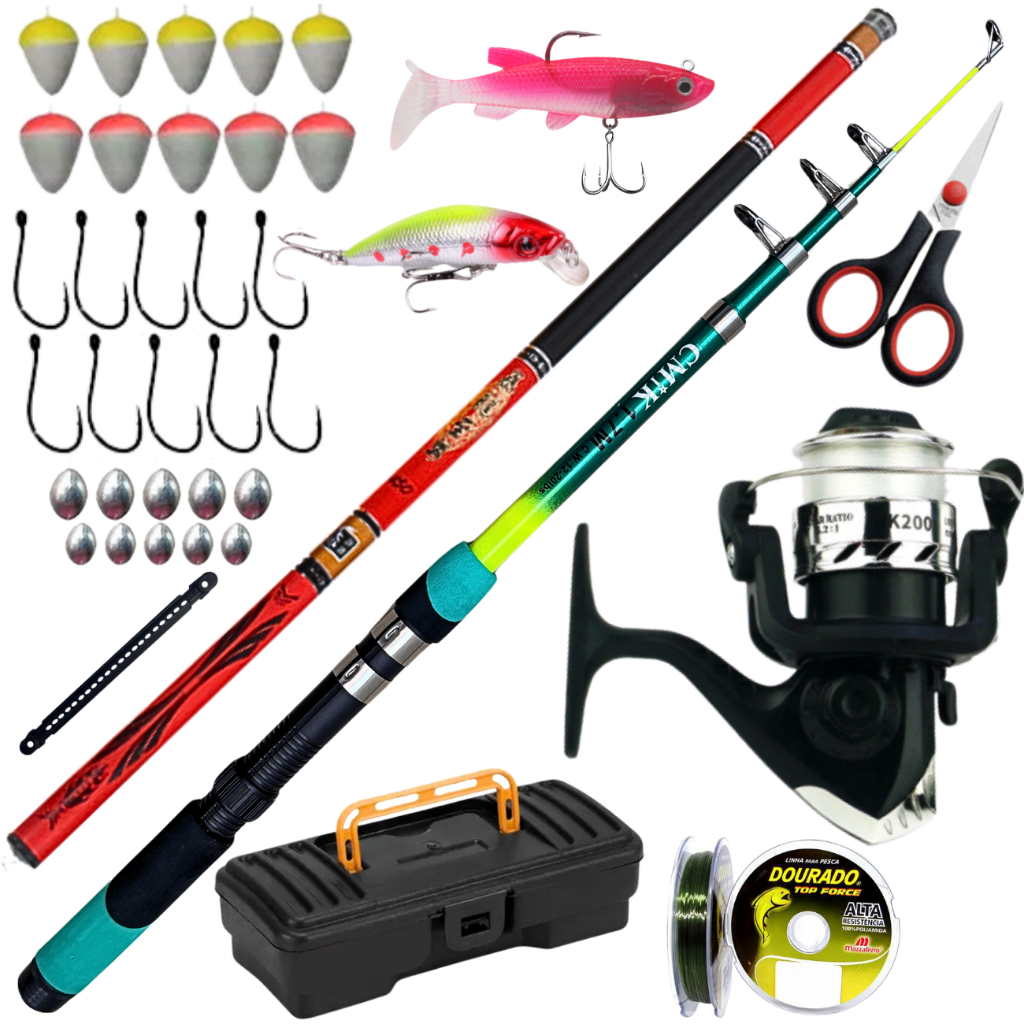 Molinete com Vara de pesca Telescopica Anzol Isca Artificial Maleta Caixa Kit Pescar Tilapia Piau