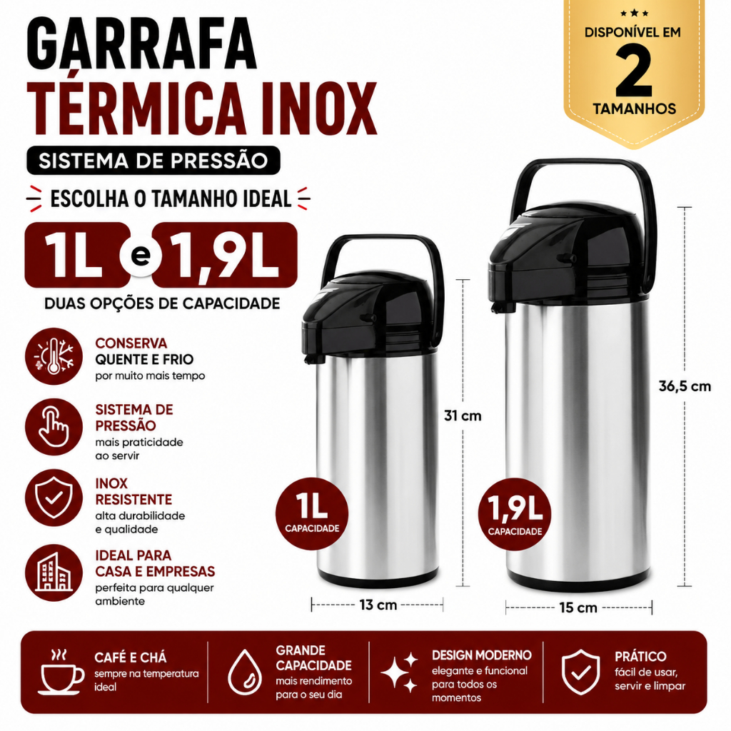 Garrafa Térmica De Café Airpot Inox 1,9L e 1L De Pressão Apertar Hotel Pousada Bebidas Quentes Chá