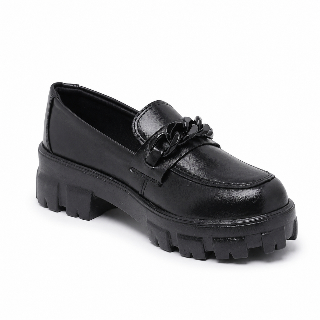 Mocassim Feminino Tratorado Plataforma Corrente Casual Preto Confortável Fashion