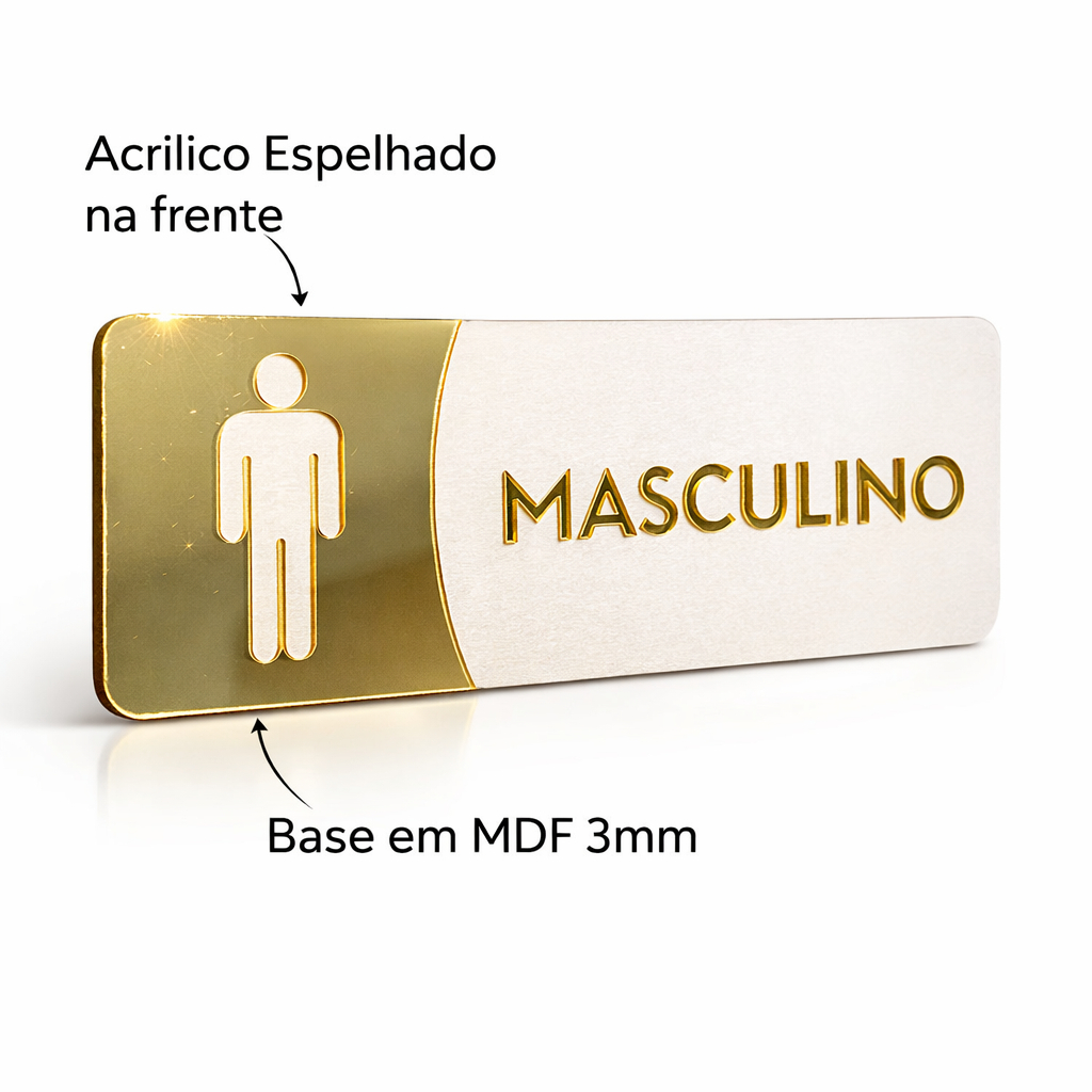 Placa Sinalização Banheiro Acrílico Espelhado Masculino Feminino Porta Base Mdf — imagem 2 de 2