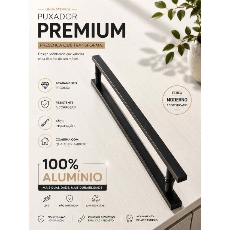 PUXADOR 70CM TOTAL POR 60CM ENTRE FUROS, BARRA CHATA PRETO OU BRANCO, PARA VIDRO, ALUMÍNIO E MADEIRA, 100% ALUMÍNIO.