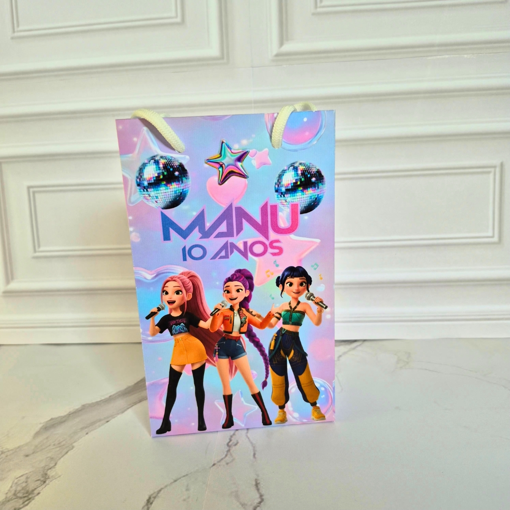 Sacolinha Guerreiras do K-Pop Personalizada para Montar | Lembrancinha Festa com Nome e Idade | Kit 10 20 30