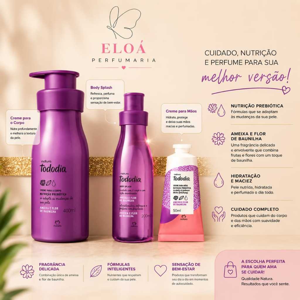 Kit Presente Hidratante Body Splash Creme para Mãos Ameixa e Flor de Baunilha Natura Tododia Original