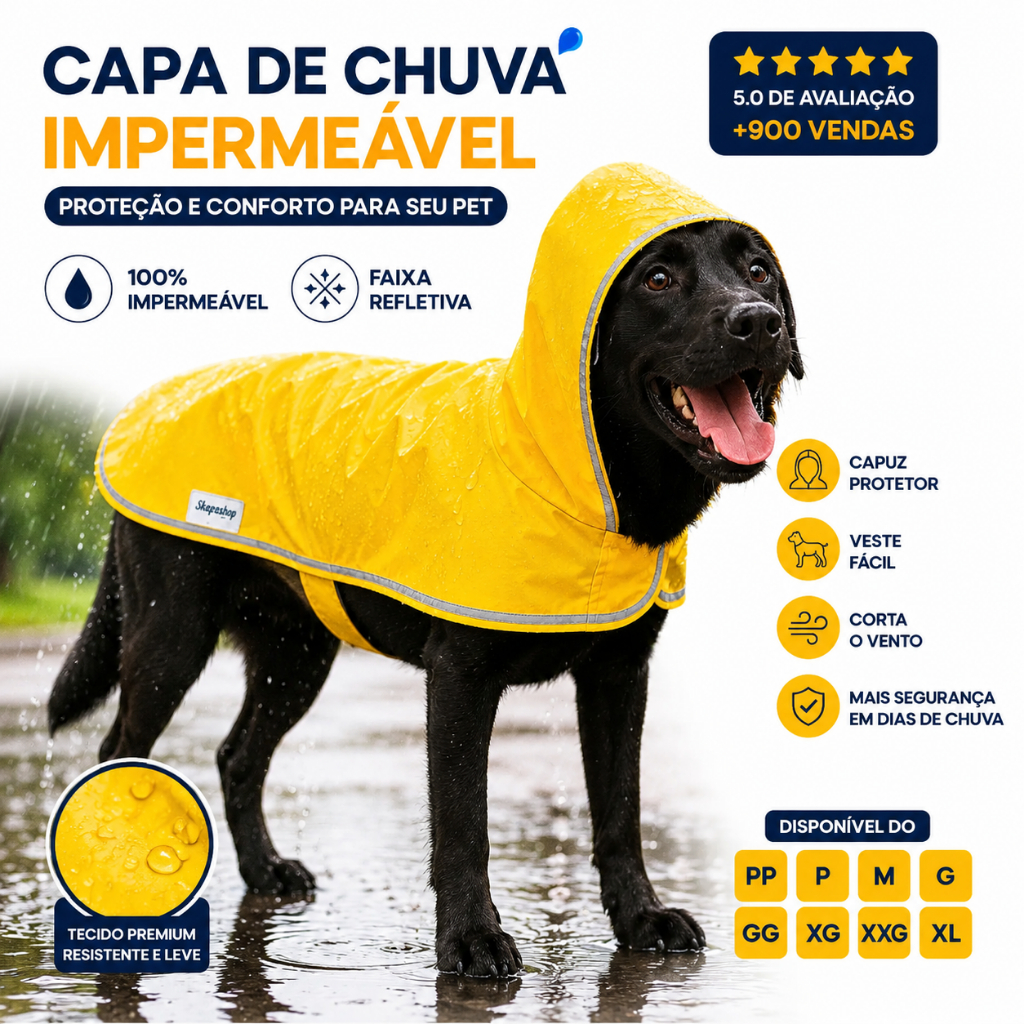 Capa De Chuva Cachorro Pet Grande Capuz Impermeável Regulável Refletiva