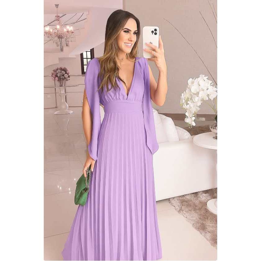 Vestido Longo Femenino Plissado Decote V  Para Madrina de Casamento Festas Formatura Chick
