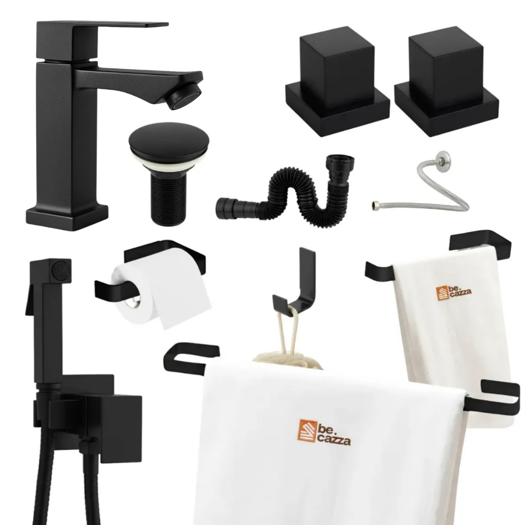Kit Acessórios Banheiro Preto Fosco 4 Peças + Ducha + Torneira + 2 Acabamento Deca e Kit Instalação