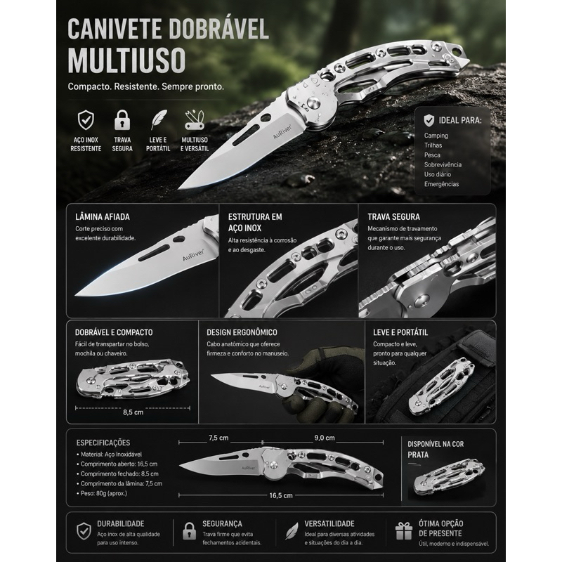 Canivete Dobrável Multifuncional Aço Inox Camping Trilha Pesca Sobrevivência EDC