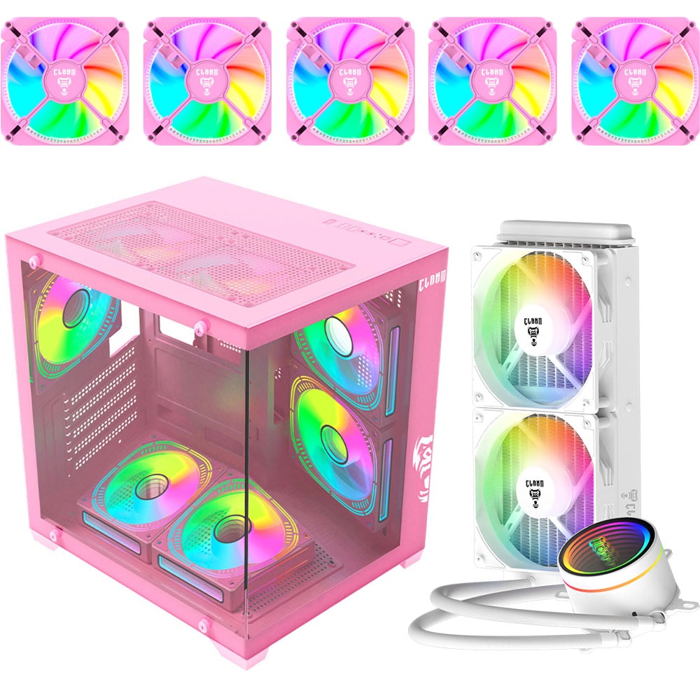 Gabinete Gamer Clanm Grodd Candy Rosa Vidro Temperado Kit 5 Fans RGB e Water Cooler 240mm Mid Tower