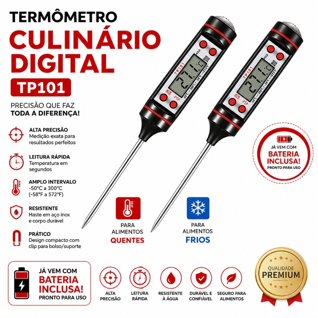 Termômetro Culinário Digital TP101 Espeto para Churrasco, Alimentos, Cozinha, Cupim, Chocolate