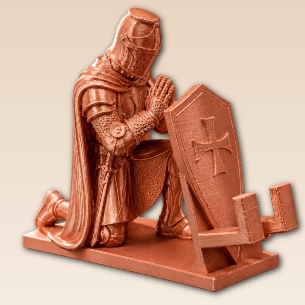 Suporte Celular e Tablet Cavaleiro Templário Medieval em Oração Escultura Decorativa Bronze Premium