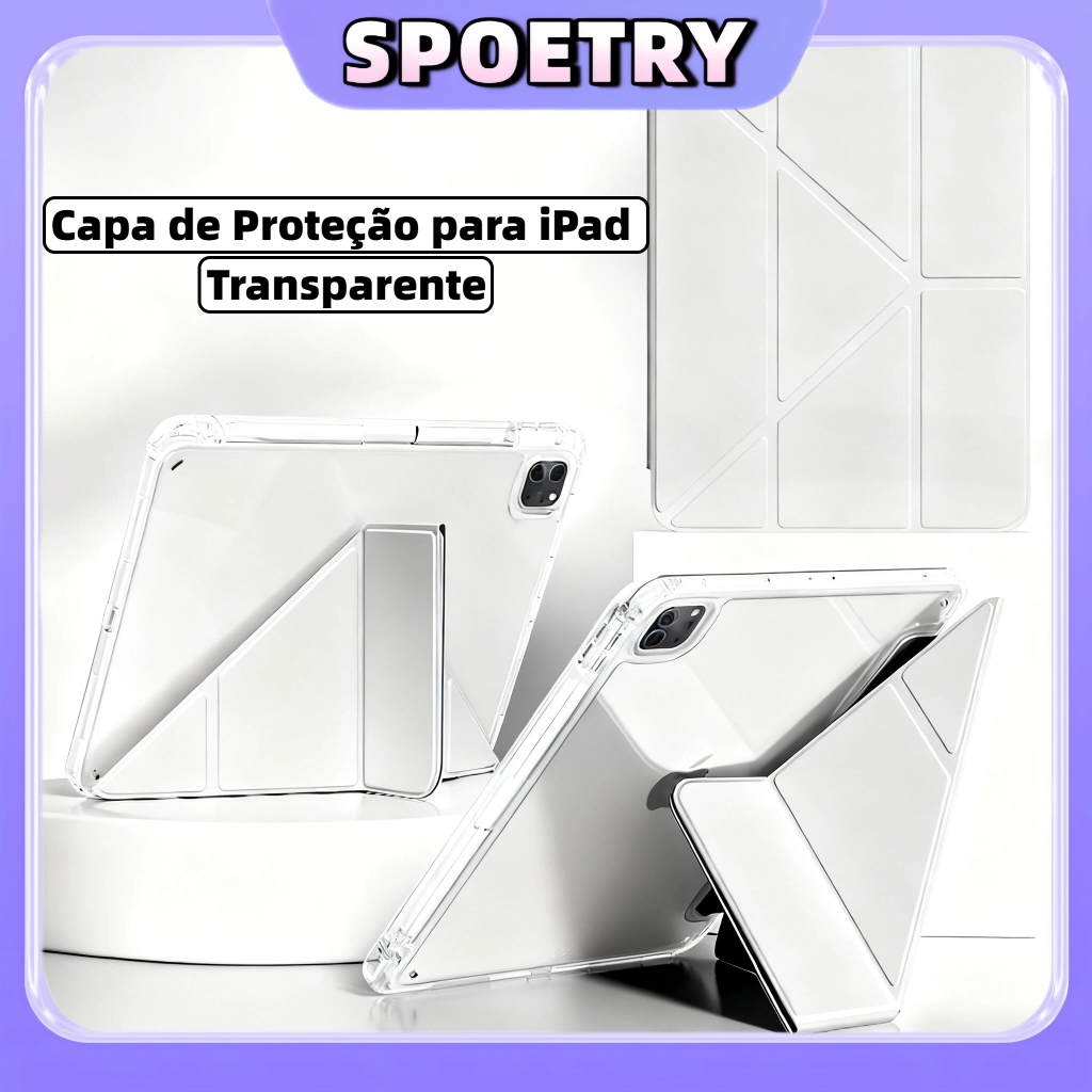 Capa Acrílica Transparente para iPad 5/6/7/8/9/10/11 Air M2/M3 com porta caneta-Proteção Rígida e Visual HD