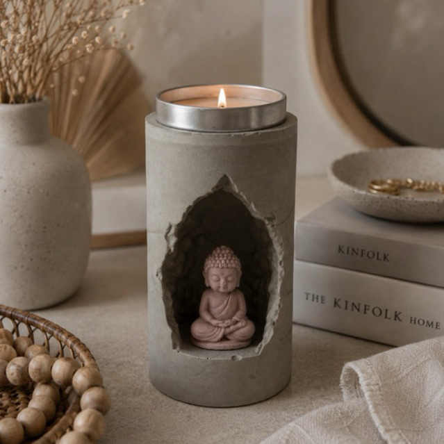 Imagem Oratório Zen Minimalista com Buda e Vela | Decoração Relaxante Artesanal