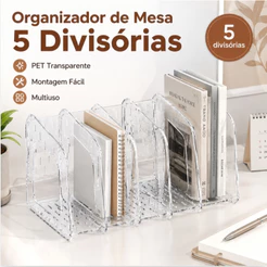 Porta Livros Transparente 5 Divisórias, Organizador de Mesa Desmontável para Escritório e Estudo