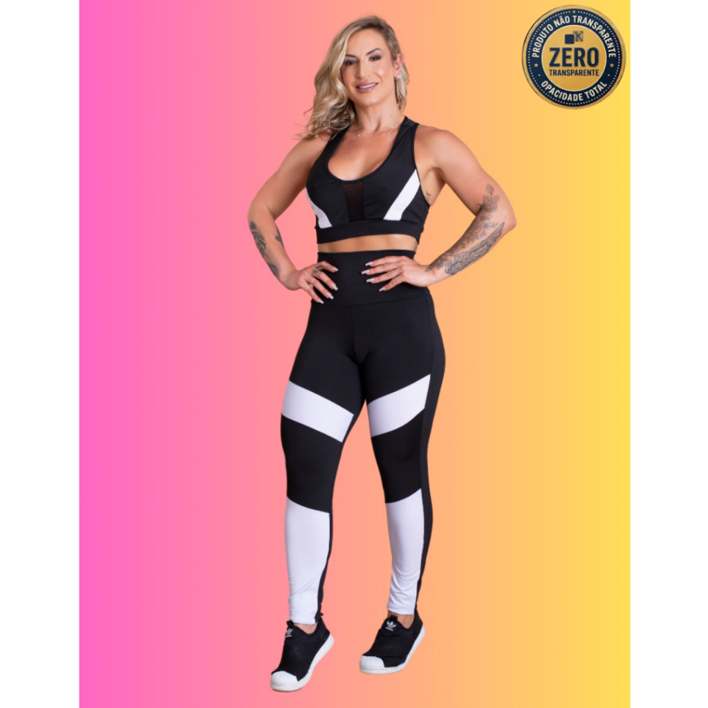Conjunto Fitness Feminino Calça Legging Cintura Alta Detalhe Perna E Top Nadador Tela Academia ZERO TRANSPARÊNCIA