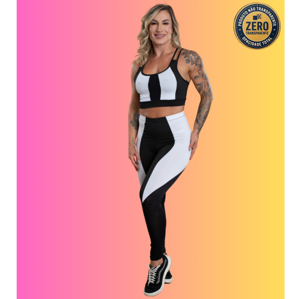 Conjunto Fitness Feminino Calça Legging Cintura Alta Recorte Perna E Top Alça Cruzada Costas Academia ZERO TRANSPARÊNCIA