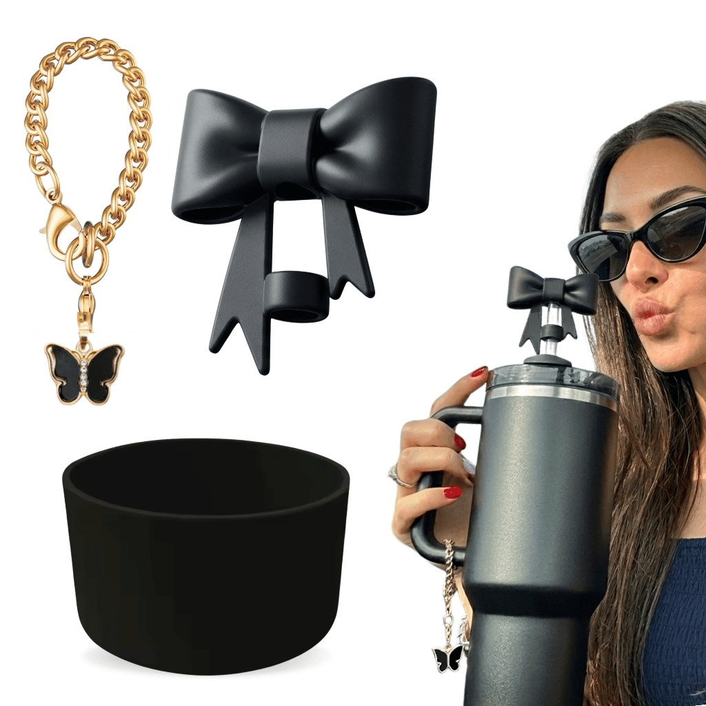 Kit Tampa Canudo Pingente Borboleta e Base de Silicone 7,5cm 3 Acessórios para Garrafa Térmica