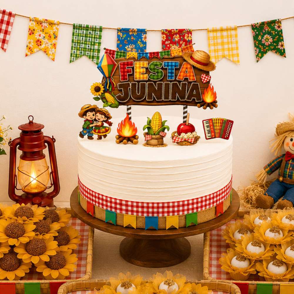 Kit 1 Topo De Bolo Festa Junina + 5 Topper Para Doces  Fogueira Milho Sanfona  São João